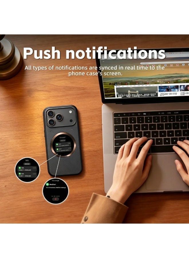 حافظة هاتف ذكية سوداء متوافقة مع iPhone 17 Pro مع شاشة لمس 1.52 بوصة وBluetooth 5.0، معاينة مباشرة للكاميرا وإشعارات ذكية ومسجل صوت وألعاب صغيرة وحامل حلقي قابل للطي، حافظة خفيفة لحماية الهاتف - Image 3