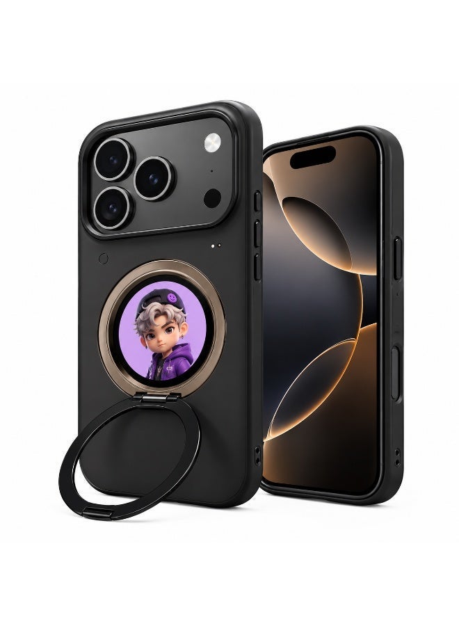 حافظة هاتف ذكية سوداء متوافقة مع iPhone 17 Pro مع شاشة لمس 1.52 بوصة وBluetooth 5.0، معاينة مباشرة للكاميرا وإشعارات ذكية ومسجل صوت وألعاب صغيرة وحامل حلقي قابل للطي، حافظة خفيفة لحماية الهاتف - Image 1