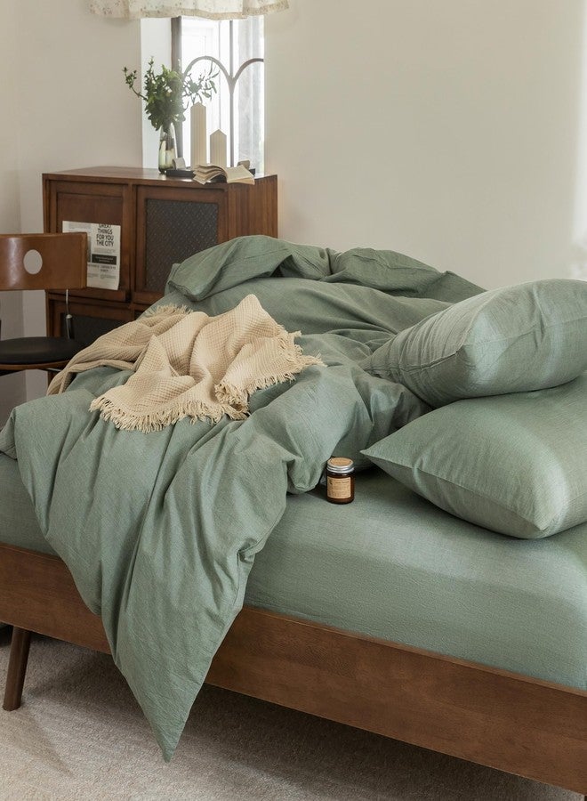 FOSSA Duvet Cover Set 100% Washed Cotton Linen Feel Super Soft Breathable Cozy Simple Style 3 Pieces Bedding Sets Solid Heathered Green Twin - Image 5