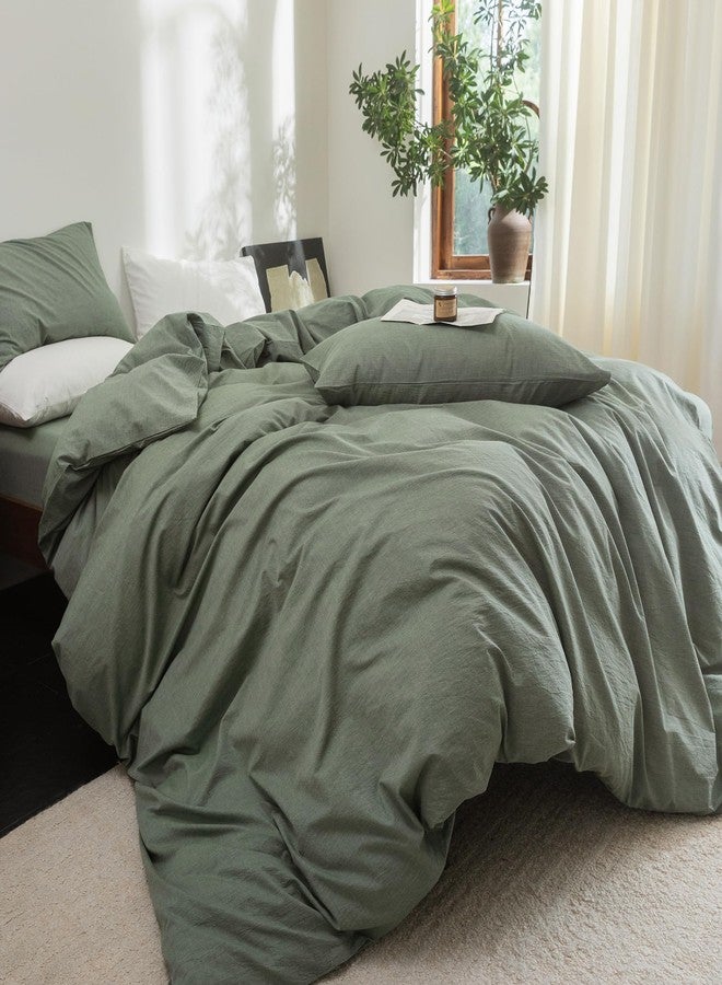 FOSSA Duvet Cover Set 100% Washed Cotton Linen Feel Super Soft Breathable Cozy Simple Style 3 Pieces Bedding Sets Solid Heathered Green Twin - Image 3