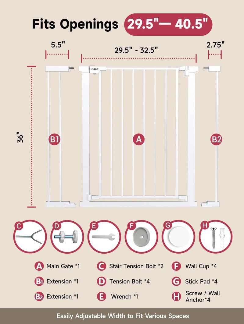PLZOIT 36" Extra Tall Baby Gate for Stairs, 29.5-40.5" Wide Dog Gate for Doorways, Walk Thru Auto Close Metal Pet Gate for The House, Stairs and Doorways, Child Gate Pressure Mounted Dog Gate Indoor - Image 5