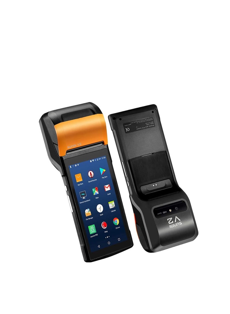 سنمي V2 POS Terminal with Receipt Printer, Speaker, Camera and Barcode Scanner All in One Handheld PDA Printer, Android 7.1 System, Support 4G, WiFi and Bluetooth BLACK WITH ORANGE PRINTER SHELL - Image 1
