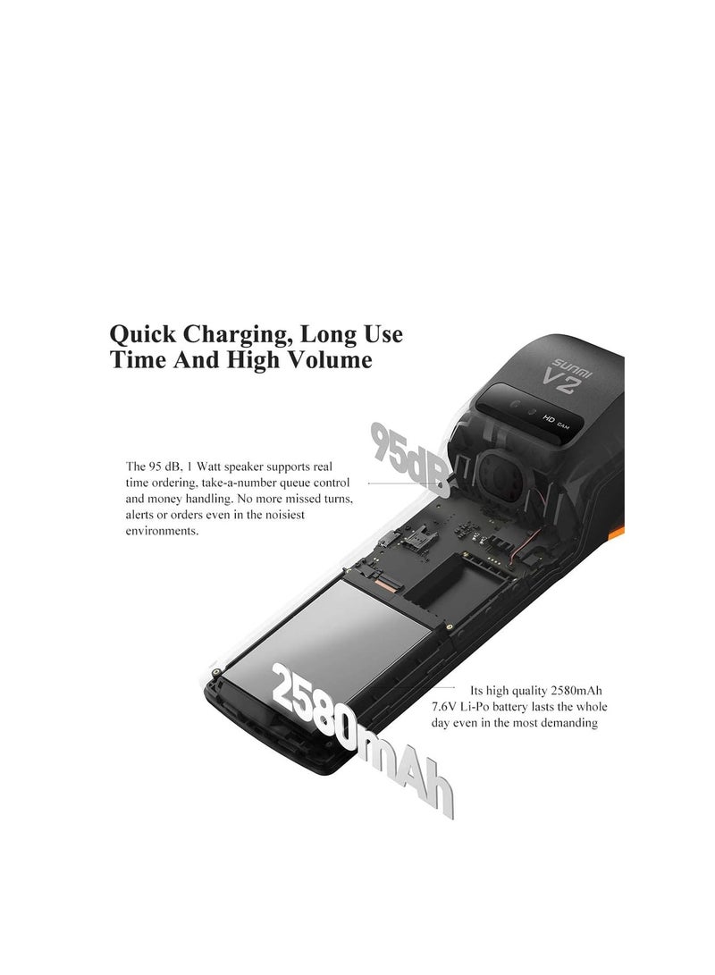 سنمي V2 POS Terminal with Receipt Printer, Speaker, Camera and Barcode Scanner All in One Handheld PDA Printer, Android 7.1 System, Support 4G, WiFi and Bluetooth BLACK WITH ORANGE PRINTER SHELL - Image 2