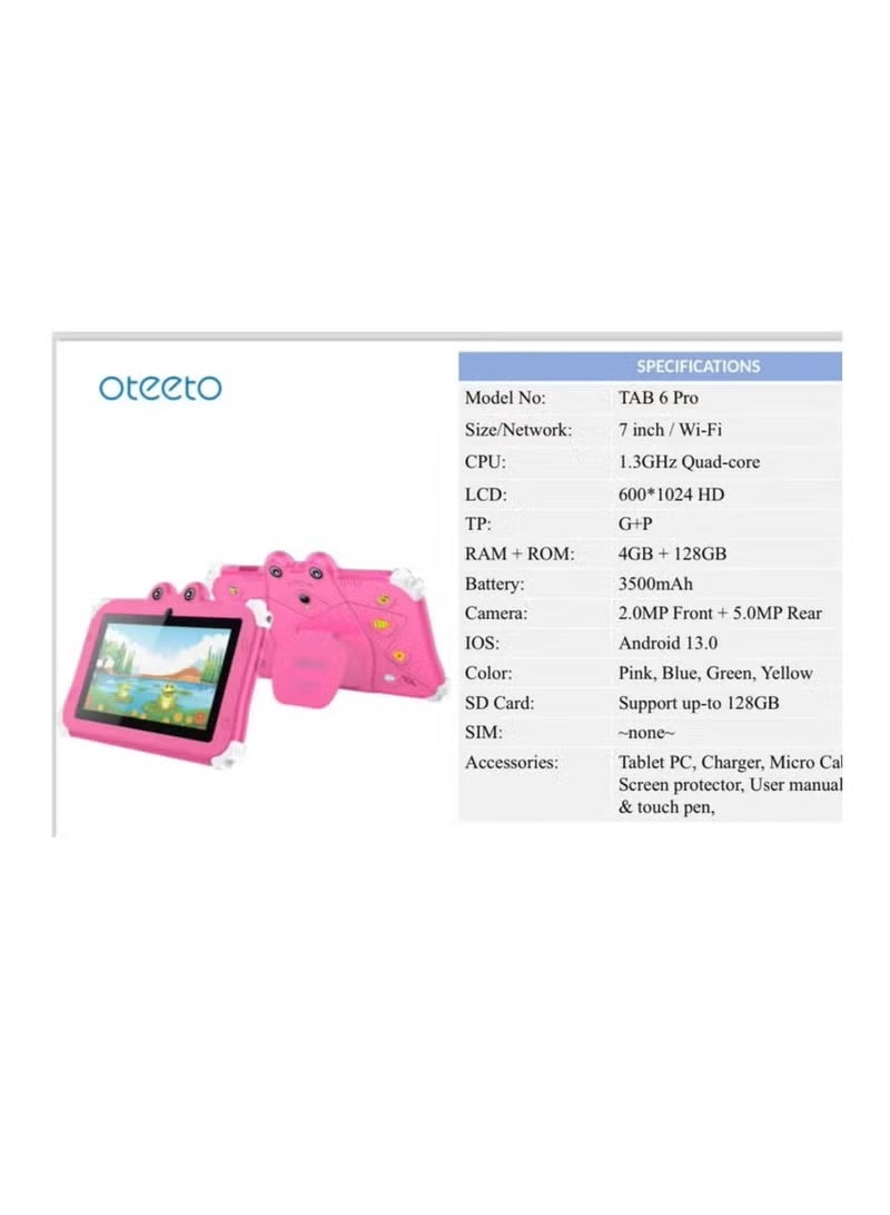 Oteeto Tab 6 Kids Tablet – 7-Inch Pink Android Tablet | 4GB RAM + 128GB Storage | WiFi Connectivity | Kid-Friendly Educational Apps | Durable Protective Case | Parental Controls | Long Battery Life | Lightweight & Portable | International Version - Image 2