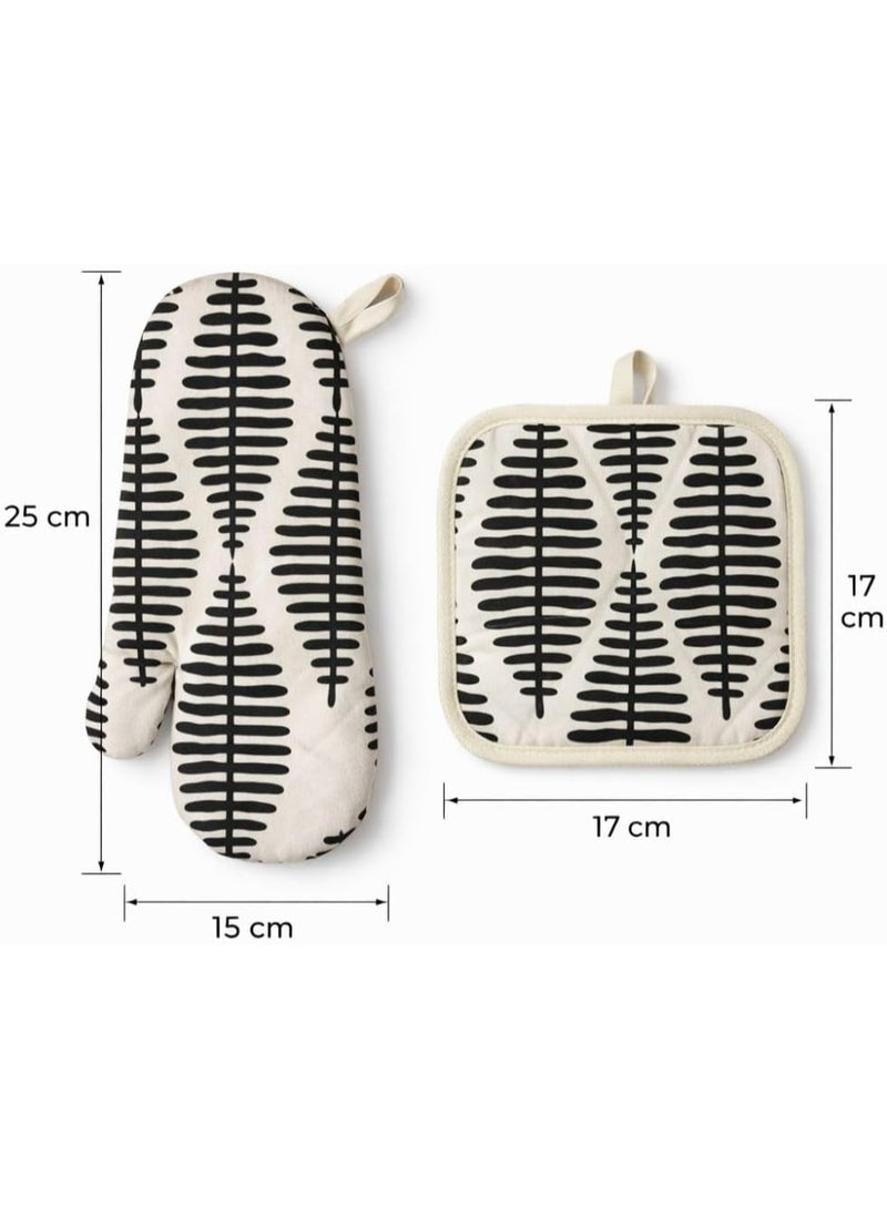 Heat Resistant Oven Mitt And Pot Holder Set 2 Pieces Cotton And Polyester Insulated Kitchen Oven Gloves With Quilted Padding 25 x 15 cm Mitt 17 x 17 cm Pot Holder (Black and White) - Image 3