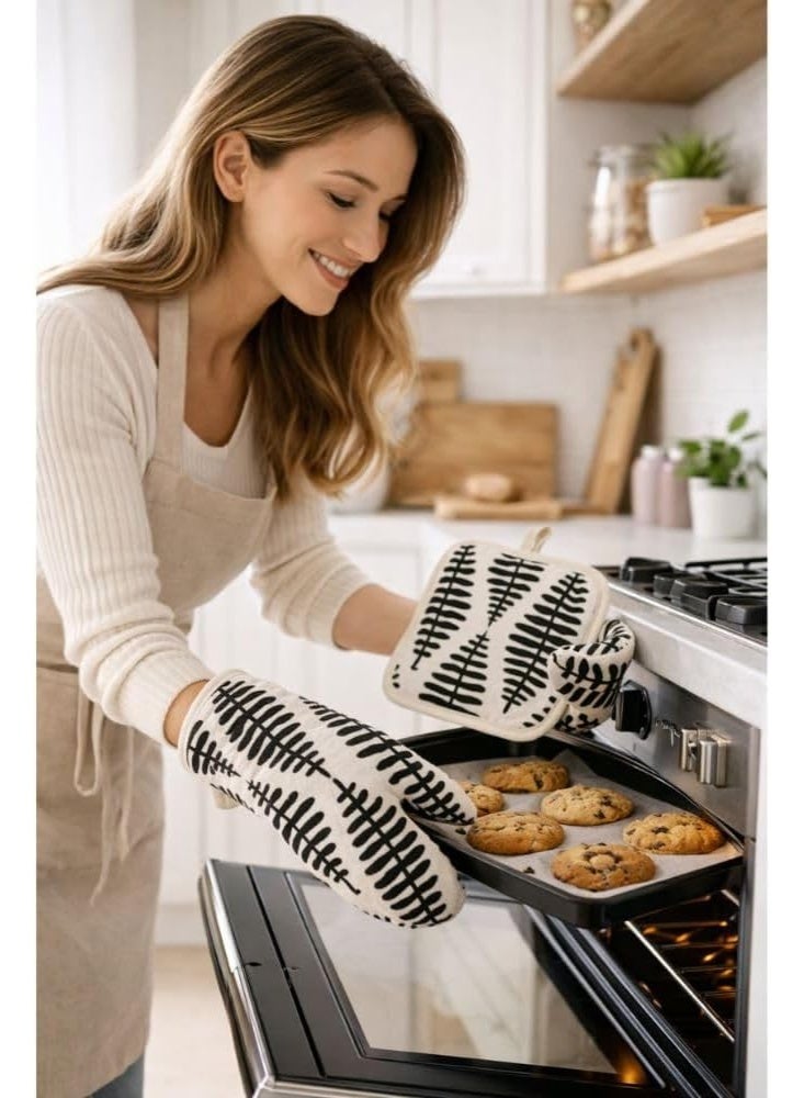 Heat Resistant Oven Mitt And Pot Holder Set 2 Pieces Cotton And Polyester Insulated Kitchen Oven Gloves With Quilted Padding 25 x 15 cm Mitt 17 x 17 cm Pot Holder (Black and White) - Image 2