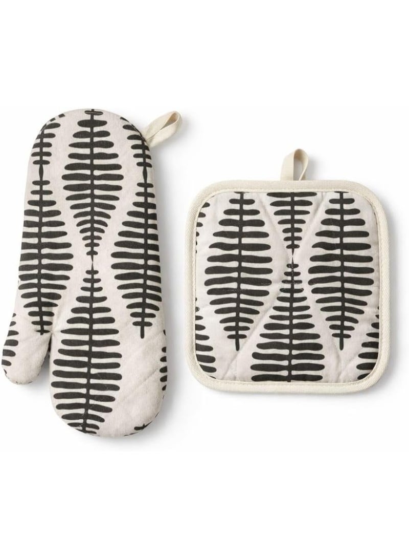 Heat Resistant Oven Mitt And Pot Holder Set 2 Pieces Cotton And Polyester Insulated Kitchen Oven Gloves With Quilted Padding 25 x 15 cm Mitt 17 x 17 cm Pot Holder (Black and White) - Image 1