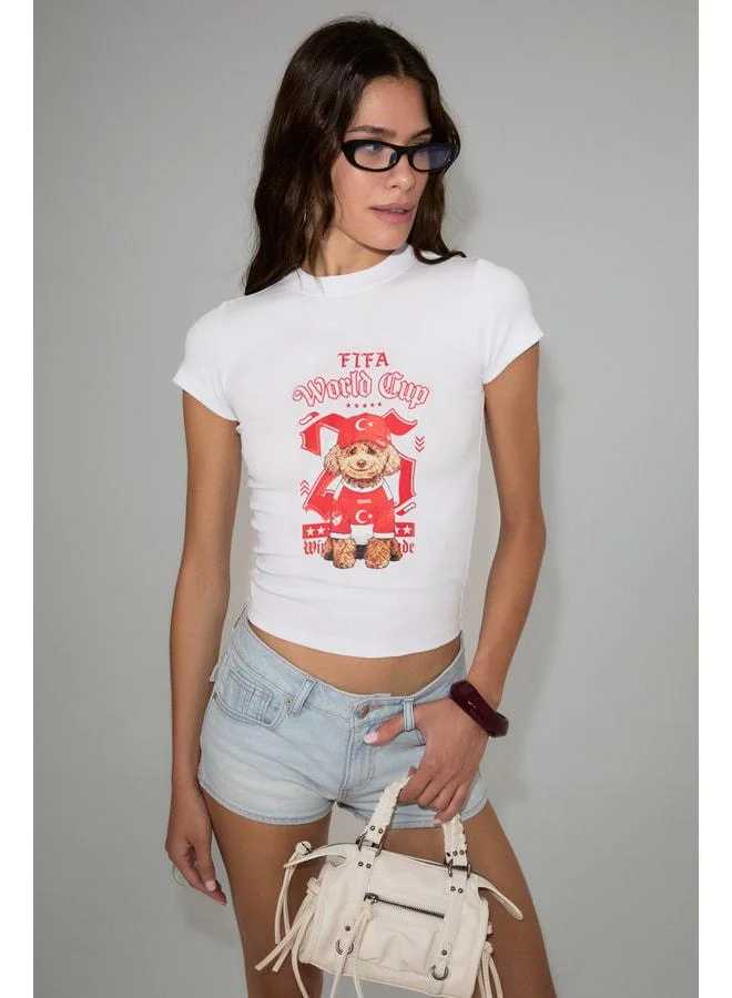 GRIMELANGE PLENE Women's Soft and Stretchy Fabric Organic Cotton World Cup Special Printed White T-Shirt.