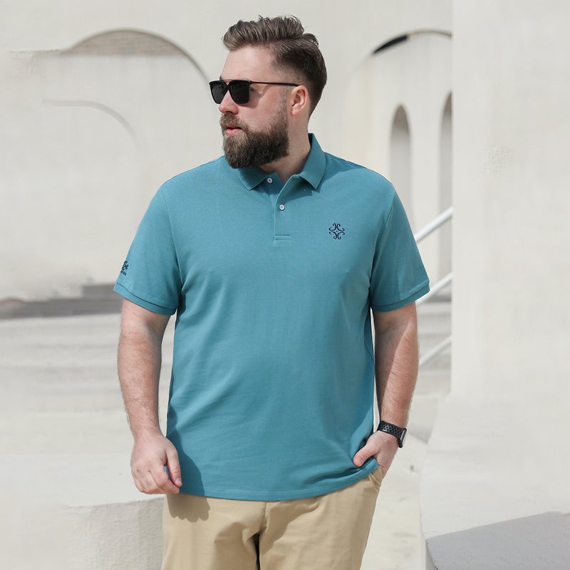 Cross-border plus size mens summer short-sleeved T-shirt fat business casual embroidered polo shirt fat guy loose top men Light blue - Image 1