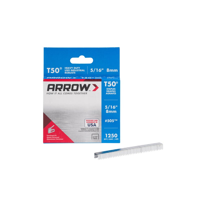 Arrow Fastener Arrow 505 Heavy Duty T50 5/16-Inch Leg Length, 3/8-Inch Crown, Staples for Upholstery, Construction, Furniture, Crafts, 1250-Pack, Grey - Image 1