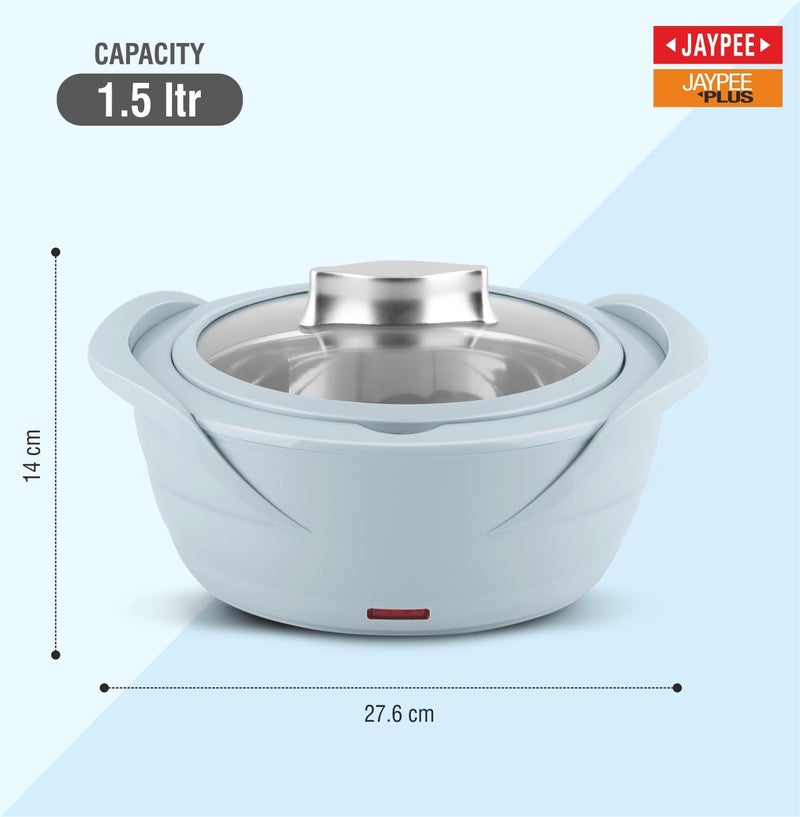 Jaypee Plus Power Serve Inner Stainless Steel Electric Casserole with Glass Lid, 1500 ml, Removable Steel Bowl for Easy Cleaning |Food Grade Serving Set |Ideal for Serving Warm Dish, Light Grey - Image 2