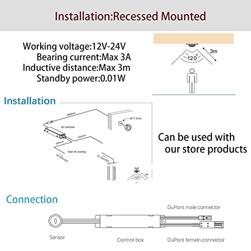 VST Motion Sensor Light Switch, Proximity Sensor Switch, Led Light Automatic Witch for Closet Light Under Cabinets Counters Closets Wardrobes with 12V JST Male and Female (DC 12-24V) - Image 4