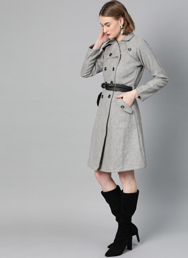 Athena Grey Melange Solid Trench Coat for Women - Image 4