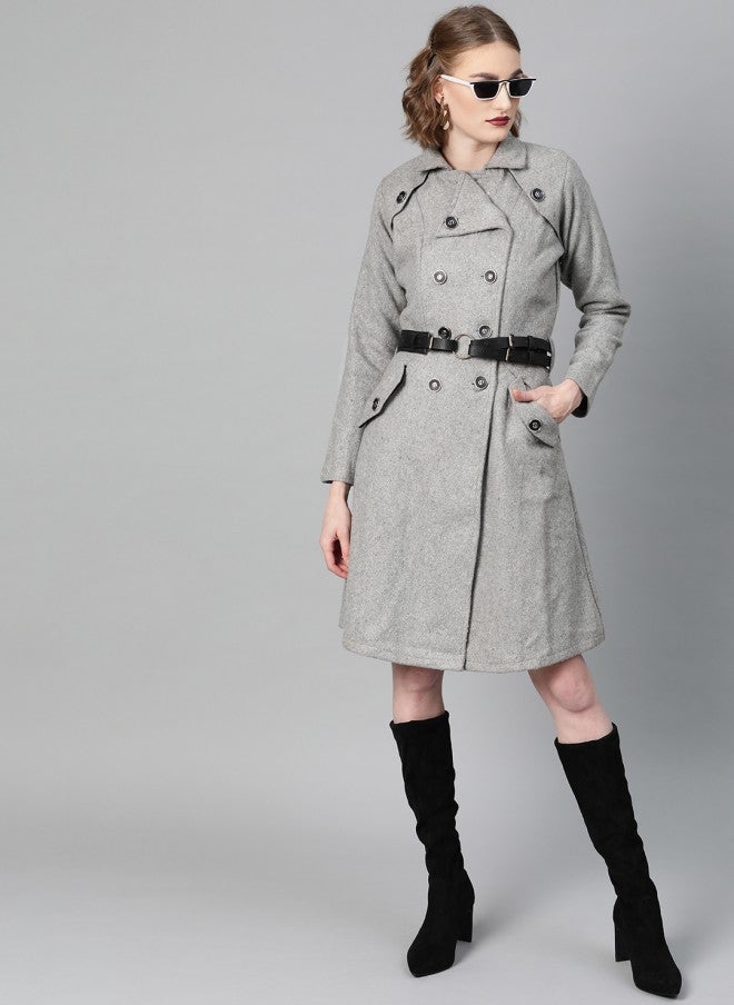 Athena Grey Melange Solid Trench Coat for Women - Image 3