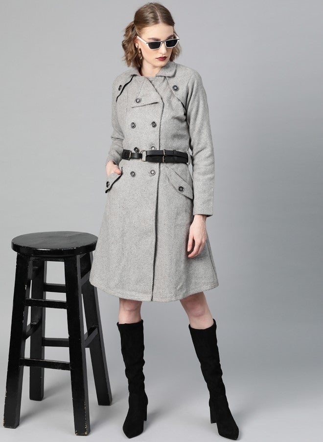 Athena Grey Melange Solid Trench Coat for Women - Image 1
