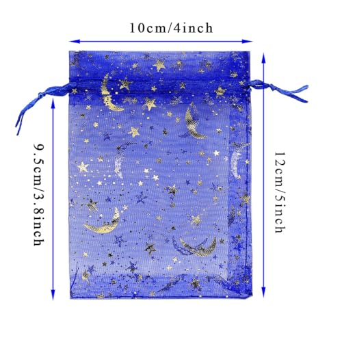 SUNGULF 100Pcs 4x5 Inches Sheer Organza Drawstring Pouches Stars And Moon Wedding Party Favor Jewelry Candy Gift Bags (Blue) - Image 2