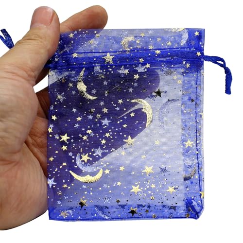 SUNGULF 100Pcs 4x5 Inches Sheer Organza Drawstring Pouches Stars And Moon Wedding Party Favor Jewelry Candy Gift Bags (Blue) - Image 3