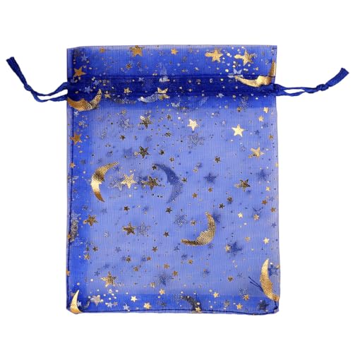 SUNGULF 100Pcs 4x5 Inches Sheer Organza Drawstring Pouches Stars And Moon Wedding Party Favor Jewelry Candy Gift Bags (Blue) - Image 1