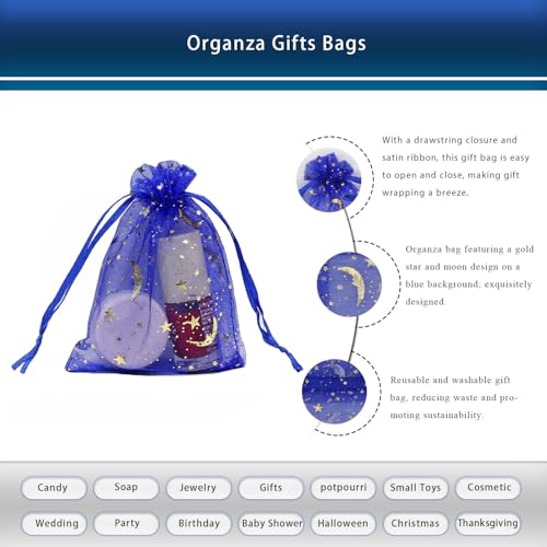 SUNGULF 100Pcs 4x5 Inches Sheer Organza Drawstring Pouches Stars And Moon Wedding Party Favor Jewelry Candy Gift Bags (Blue) - Image 4