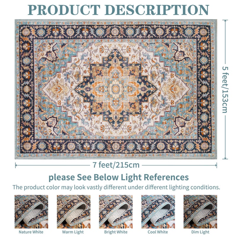 Foxmas 5x7 Area Rugs for Living Room, Machine Washable Vintage Rug, Non-Slip Low Pile Throw Rugs with Rubber Backing Washable Carpet for Bedroom Dining Room Kitchen Home Decor, Wood & Blue - Image 2