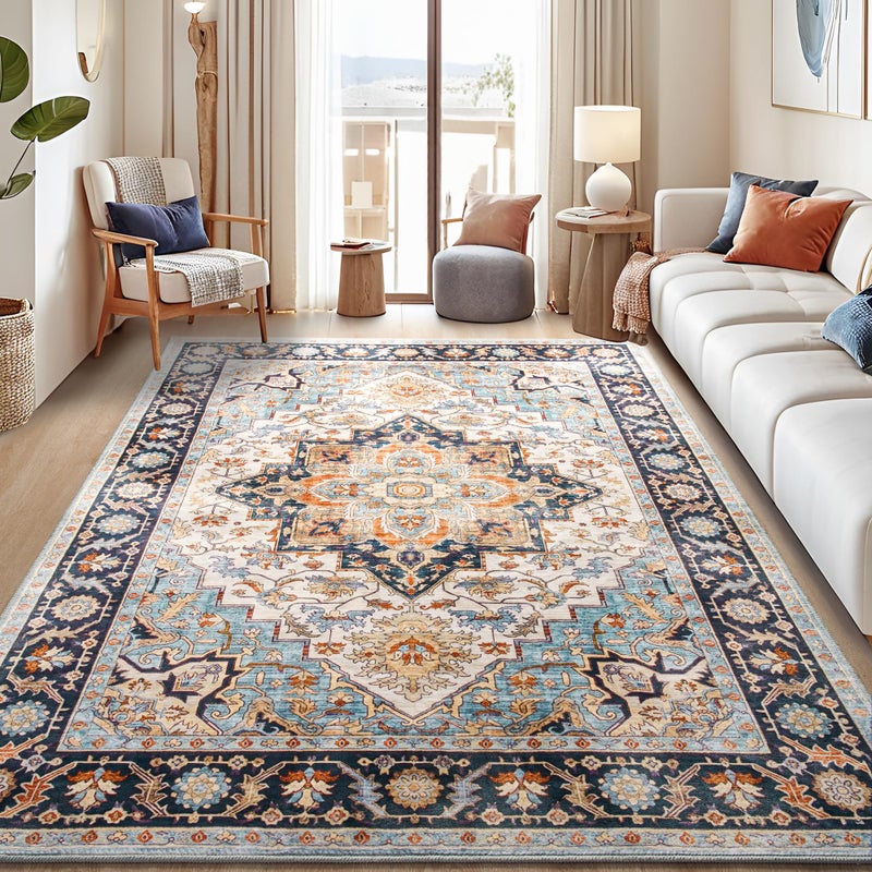 Foxmas 5x7 Area Rugs for Living Room, Machine Washable Vintage Rug, Non-Slip Low Pile Throw Rugs with Rubber Backing Washable Carpet for Bedroom Dining Room Kitchen Home Decor, Wood & Blue - Image 1