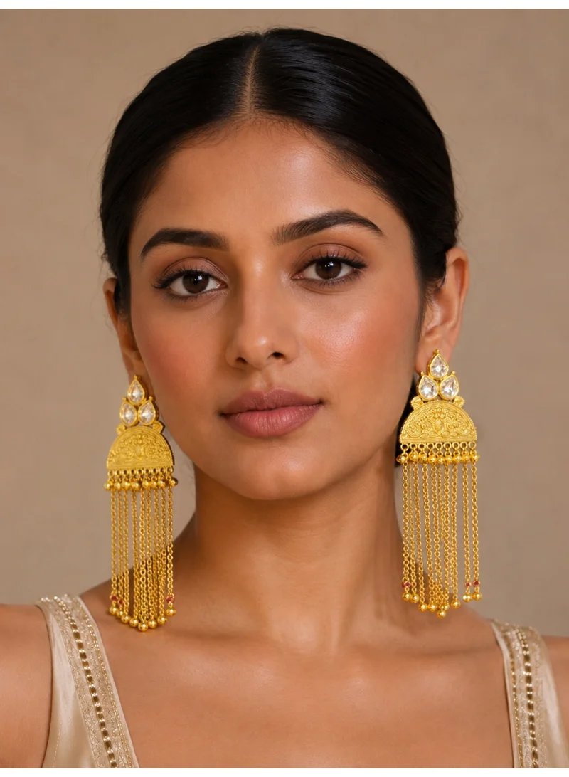 Lehar Imitation Gold-Tone Kundan Statement Long Tassel Kashir Dangler Earrings