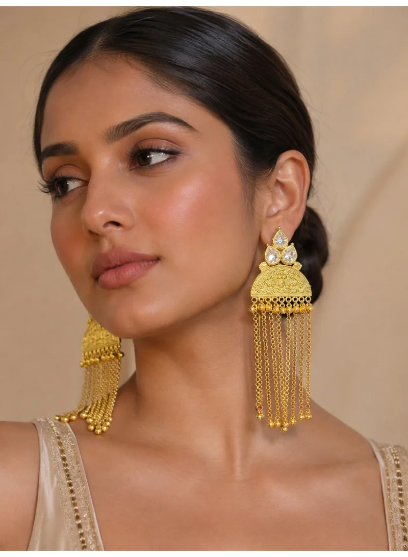 Lehar Imitation Gold-Tone Kundan Statement Long Tassel Kashir Dangler Earrings
