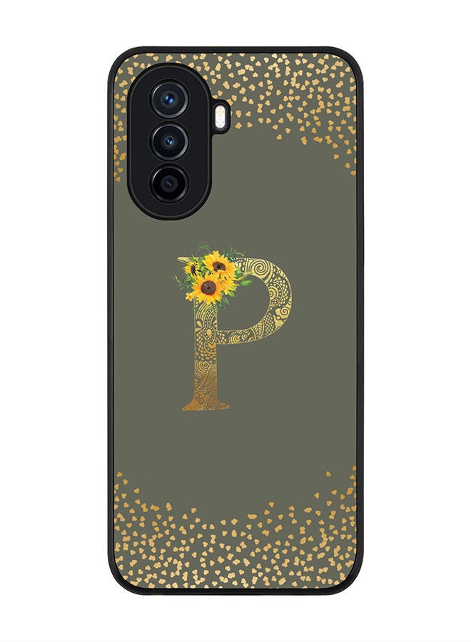 Stylizedd Rugged Black edge case for Huawei Nova Y70  Slim fit Soft Case Flexible Rubber Edges Anti Drop TPU Gel Thin Cover - Custom Monogram Initial Letter Floral Pattern Alphabet - P (Olive Green ) - Image 1