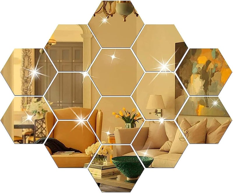 TPGP Runmeihe® 24PCS Hexagon Gold Acrylic Mirror Wall Stickers for Home Decor - Image 1