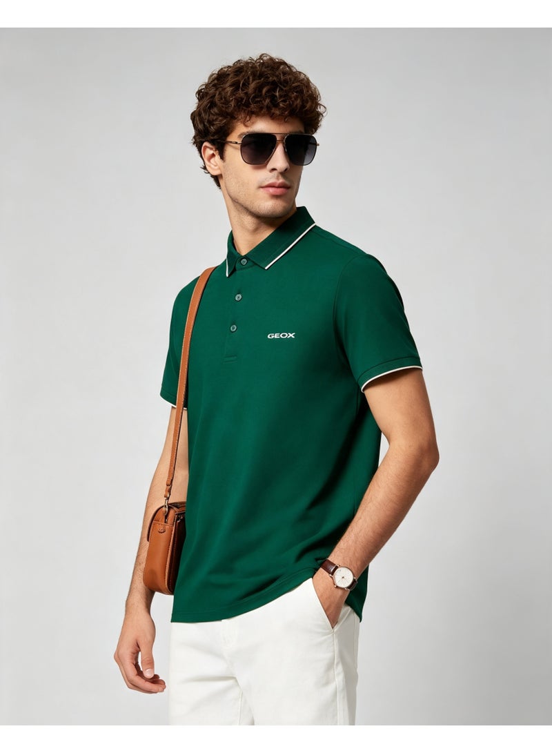 GEOX Men Classic Striped Collar Short Sleeve Polo Shirt Daily Business Casual Wear Dark Forest Green - Image 1