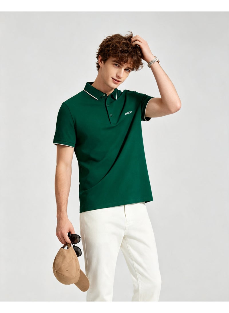 GEOX Men Classic Striped Collar Short Sleeve Polo Shirt Daily Business Casual Wear Dark Forest Green - Image 3