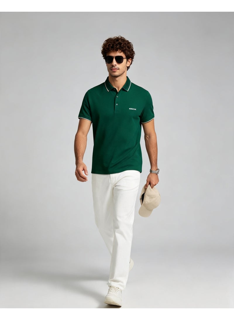 GEOX Men Classic Striped Collar Short Sleeve Polo Shirt Daily Business Casual Wear Dark Forest Green - Image 5