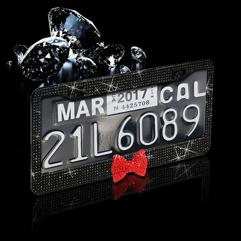 LEIWOOR 2 Pack Bling License Plate Frameï¼ŒHandcrafted Bling Rhinestone Premium Stainless Steel License Plate Frameï¼Œ14 Facets Clear Color Rhinestone Crystal (Black&Red-Bow) - Image 3