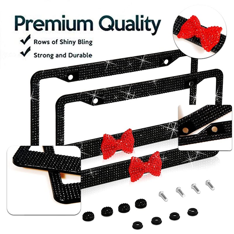 LEIWOOR 2 Pack Bling License Plate Frameï¼ŒHandcrafted Bling Rhinestone Premium Stainless Steel License Plate Frameï¼Œ14 Facets Clear Color Rhinestone Crystal (Black&Red-Bow) - Image 2