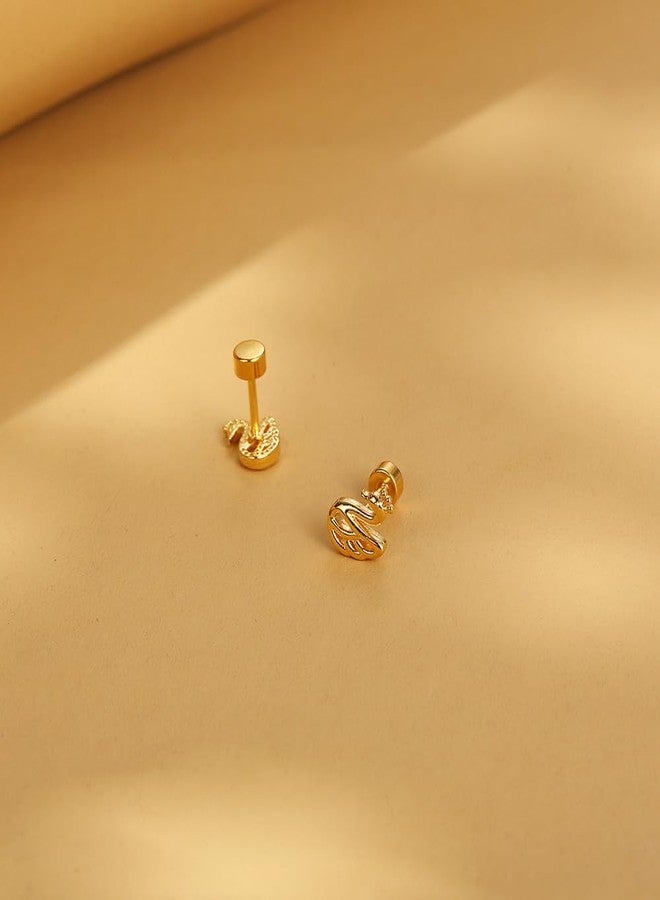 AMOBESTER Small Tiny Gold Plated Swan Earring Screw Flat Back Stud Earring Hypoallergenic Cartilage Tragus Piercing Sleeper Little Studs Jewerly for Women - Image 3
