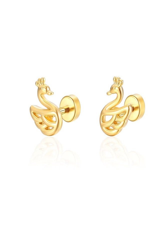 AMOBESTER Small Tiny Gold Plated Swan Earring Screw Flat Back Stud Earring Hypoallergenic Cartilage Tragus Piercing Sleeper Little Studs Jewerly for Women - Image 1