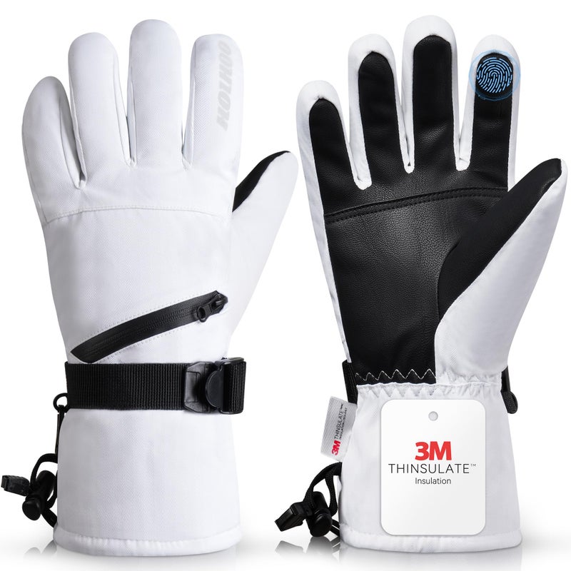 HOIHOO Snow Gloves - 3M Thinsulate Waterproof Winter Snowboarding Gloves for Men & Women, Ski Glove for Cold Weather (White-1, Large) - Image 1