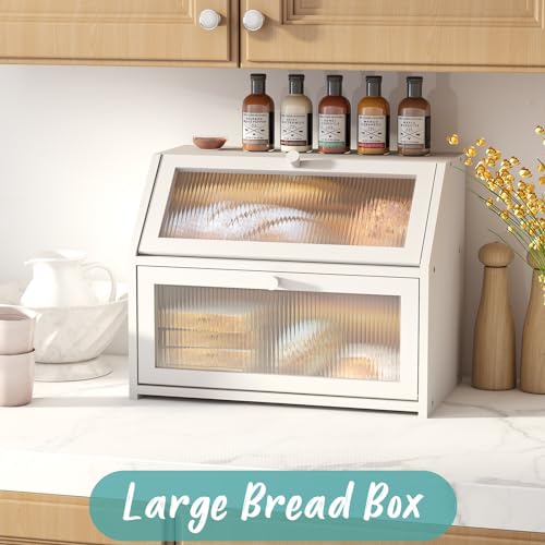 Vriccc White Bread Box for Kitchen Counter, Large Bamboo Wood Double Layer Bread Box, Wooden Bread Storage Capacity - Image 2