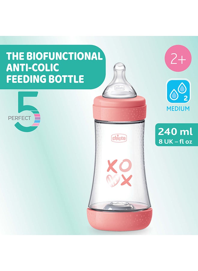 Chicco Perfect 5 Feeding Bottle 240ml Medium Flow 2m+ Silicone, Pink - Image 2