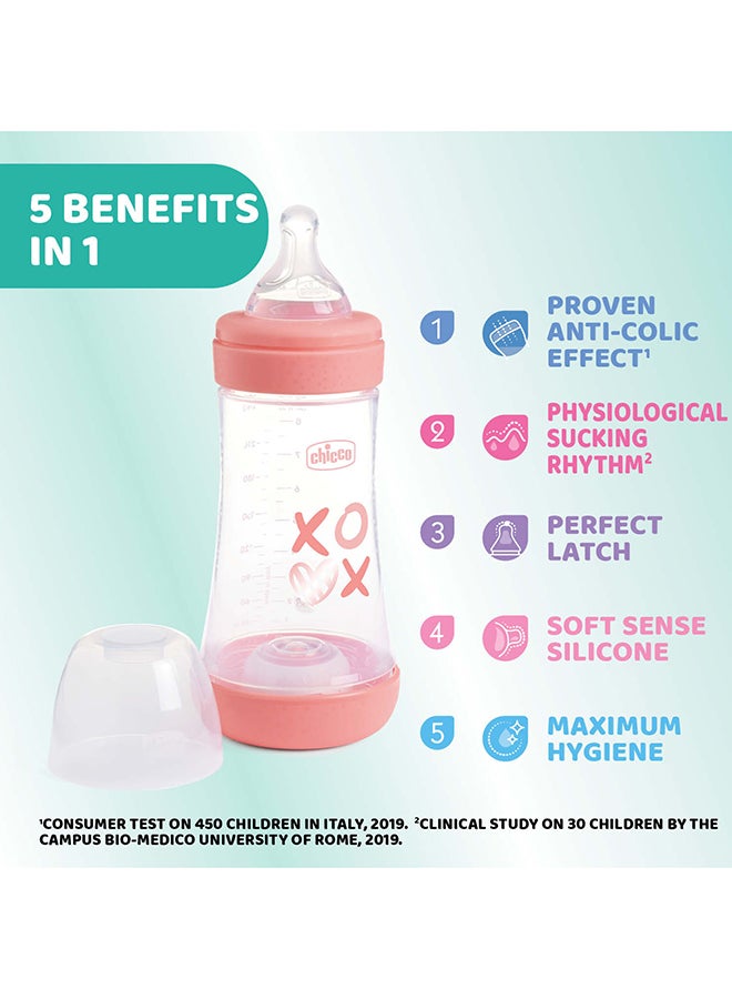 Chicco Perfect 5 Feeding Bottle 240ml Medium Flow 2m+ Silicone, Pink - Image 3