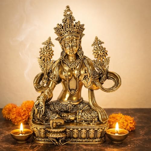 Kartique Brass Tara Devi Statue Brass Tibetan Goddess Religious Green Tara Statue for Health Happiness Wealth Home Decor 4.5 Inch - Image 1