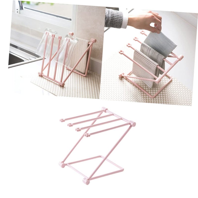 Light Pink Foldable Plastic Kitchen Towel Rack With Drying Rods Multifunctional Holder - Image 5
