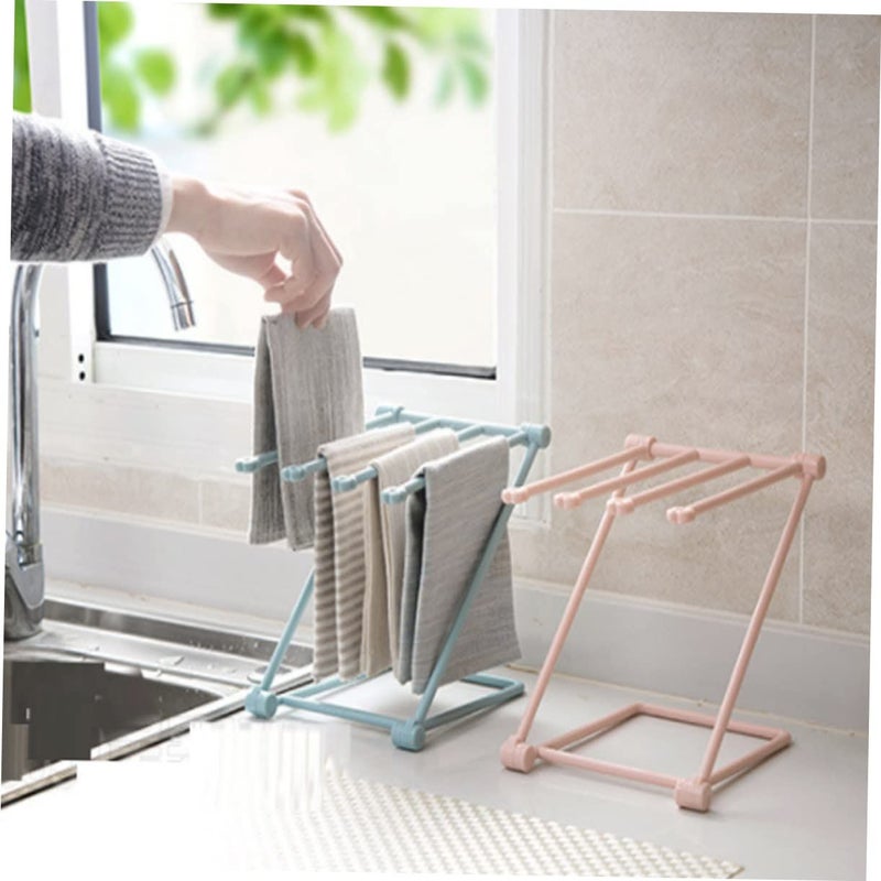 Light Pink Foldable Plastic Kitchen Towel Rack With Drying Rods Multifunctional Holder - Image 4
