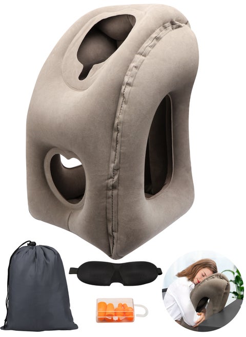 Portable Inflatable Neck Pillow Travel Pillow Velvet Gray Suitable for Aircraft Cars Buses and Offices