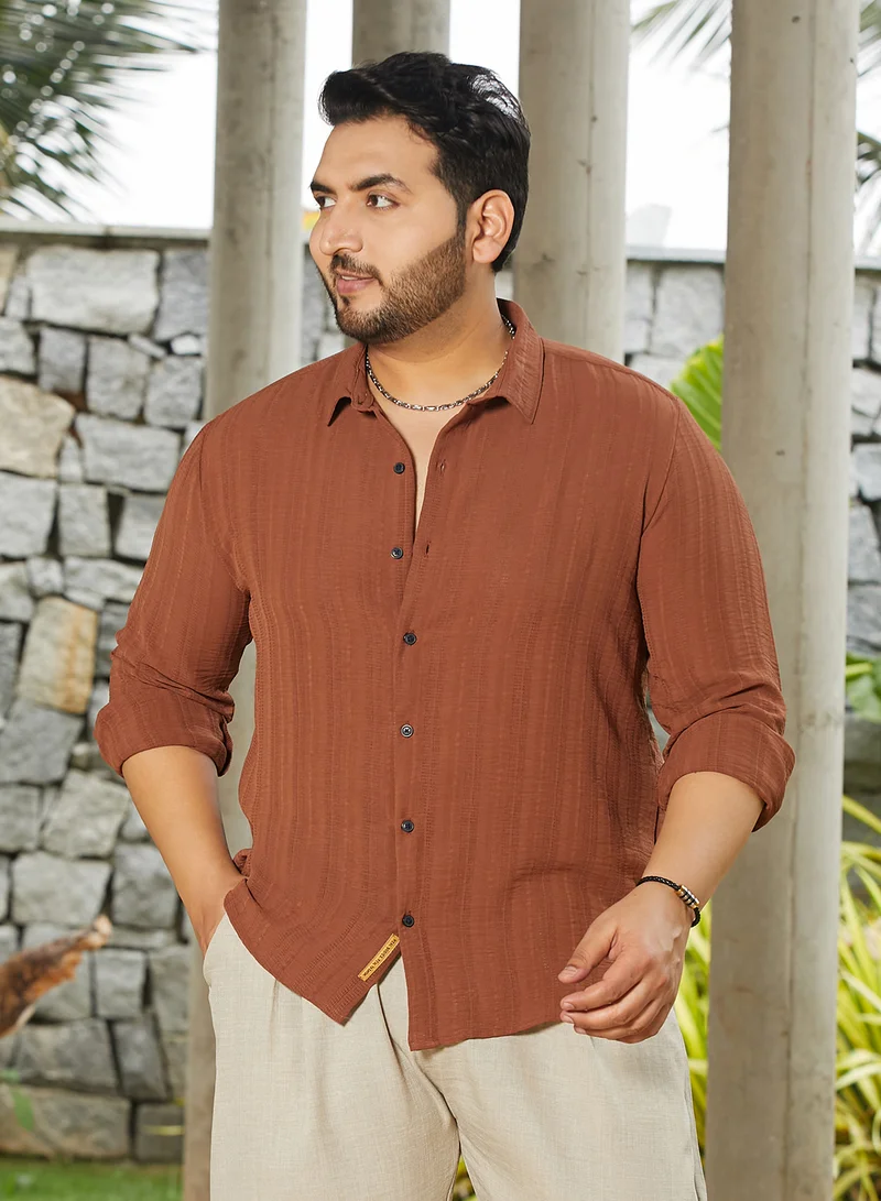 Instafab Plus Men's Sienna Brown Woven-Lined Shirt For Casual Wear | Spread Collar | Long Cuffed Sleeves | Button Closure | Plus Size Shirt Crafted With Comfort Fit For Everyday Wear