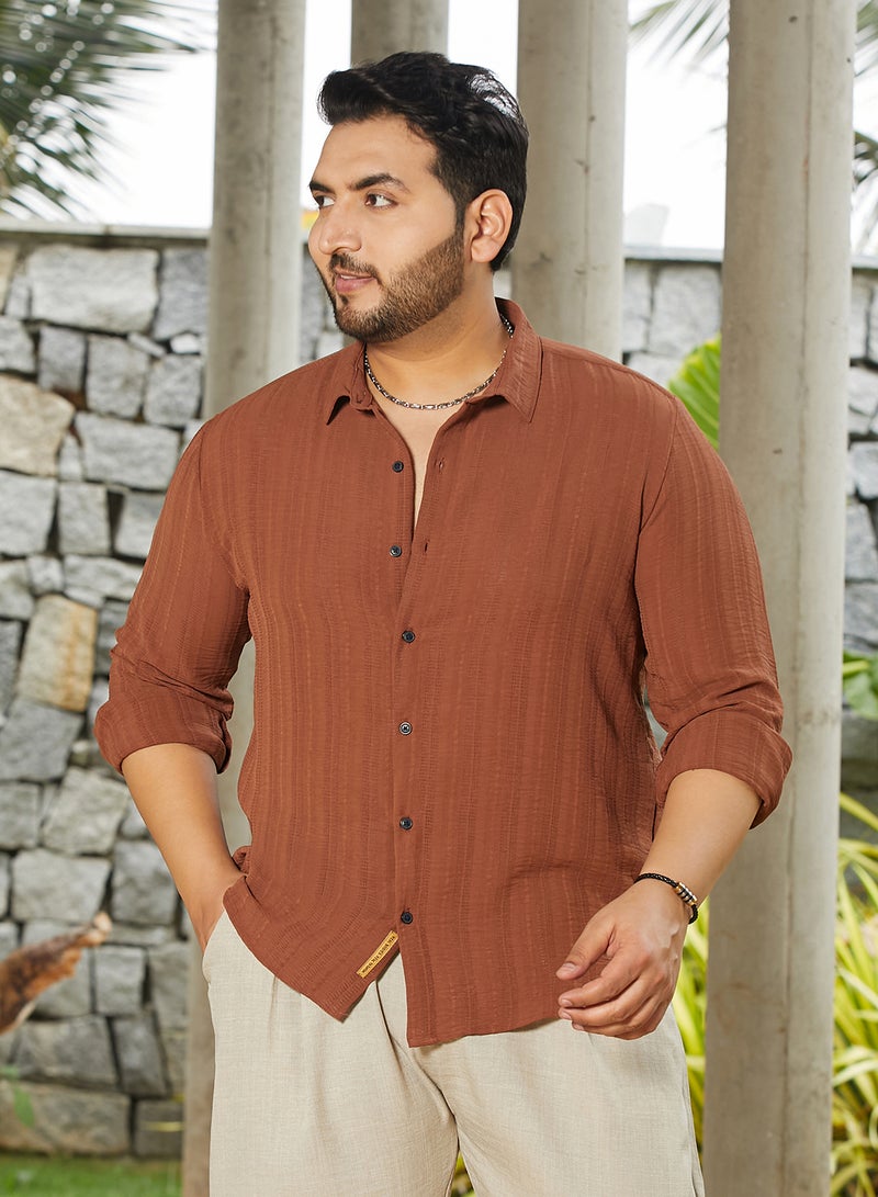 Instafab Plus Men's Sienna Brown Woven-Lined Shirt For Casual Wear | Spread Collar | Long Cuffed Sleeves | Button Closure | Plus Size Shirt Crafted With Comfort Fit For Everyday Wear - Image 2