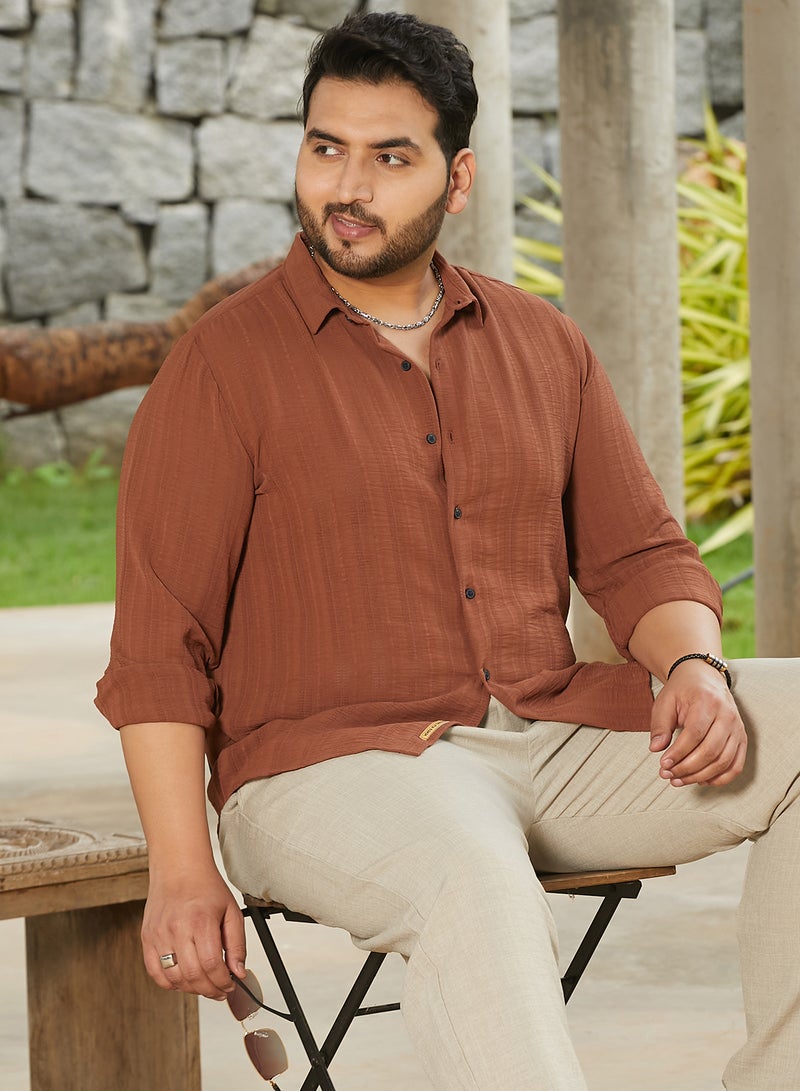 Instafab Plus Men's Sienna Brown Woven-Lined Shirt For Casual Wear | Spread Collar | Long Cuffed Sleeves | Button Closure | Plus Size Shirt Crafted With Comfort Fit For Everyday Wear - Image 1