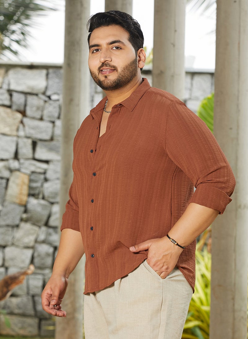 Instafab Plus Men's Sienna Brown Woven-Lined Shirt For Casual Wear | Spread Collar | Long Cuffed Sleeves | Button Closure | Plus Size Shirt Crafted With Comfort Fit For Everyday Wear - Image 3