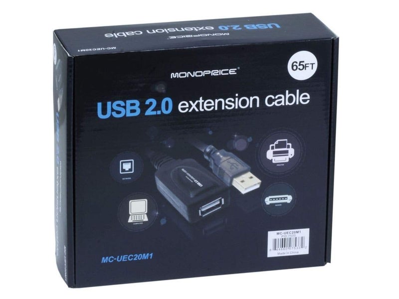 Monoprice USB 2.0 Extension Cable - USB Type-A Male to USB Type-A Female, Active, Repeater, 26/22AWG, 65 Feet, Black - Image 4