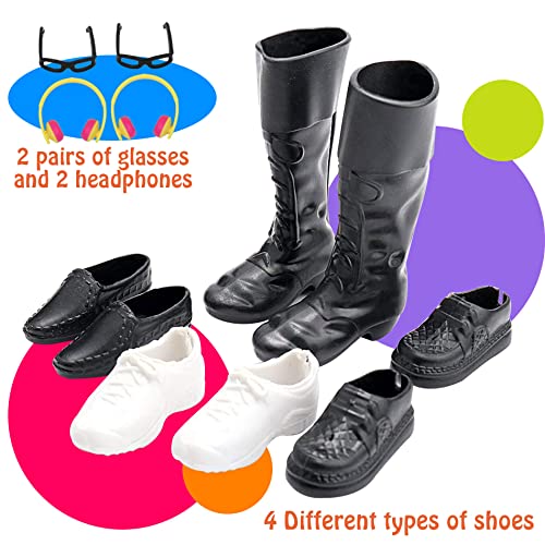 ZTWEDEN 32Pcs Doll Clothes and Accessories for 12 Inch Boy Dolls Include 20 Different Wear Clothes Shirt Jeans Beach Shorts 4 Pairs of Shoes, Glasses, Earphones for 12'' Boy Doll - Image 5